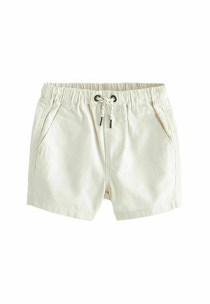 Ljusbeige shorts i bomull med elastisk midja, snörning och två sidofickor. Slät textur och avslappnad design.
