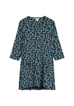 Vestido navy con un estampado de hojas en verde y rosa, con un cuello redondo y mangas tres cuartos. Diseñado con bolsillos.