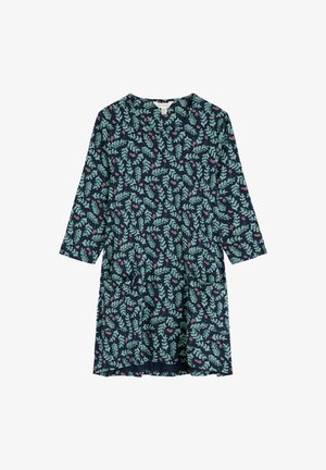 Abito navy con motivo di foglie verde e rosa, dotato di scollo rotondo e maniche a tre quarti. Progettato con tasche.