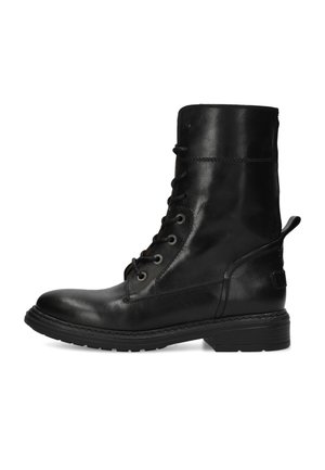 Zwarte leren veter enkelboot met een afgeronde neus, dikke zool en aantreklus aan de hiel.