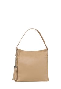 Beige leren schoudertas met een gladde textuur, met een lange schouderband en decoratieve franjes met zilveren kettingaccenten.