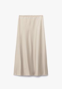 Beige A-line nederdel, lavet af glat satin stof. Har høj talje og et fuld længde design uden synlige lukninger eller udsmykninger.
