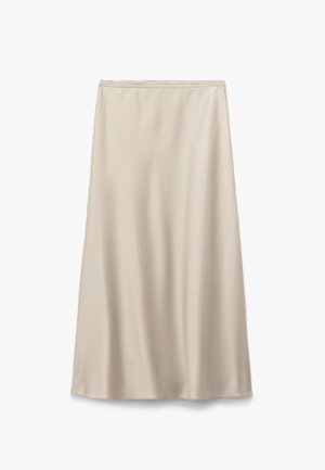 Beige A-lijn rok, gemaakt van een gladde satijnen stof. Heeft een hoge taille en een volledige lengte ontwerp zonder zichtbare sluitingen of versieringen.