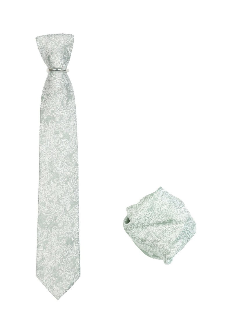 Lichtgroene stropdas met een paisleypatroon en een bijpassende pochet, beiden gemaakt van gladde stof, met ingewikkelde witte details.