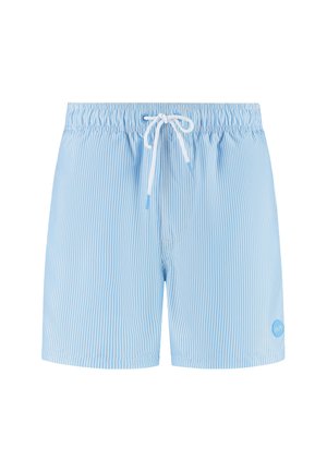 Shorts de bain rayés bleu clair avec une taille élastique et un cordon de serrage. Deux caractéristiques incluent un petit logo sur le bas à droite.