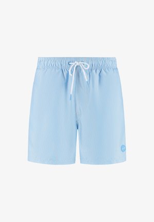 Gaiši zili svītraini peldbikši ar elastīgu jostu un auklu. Ar mazu logotipu apakšējā labajā pusē.