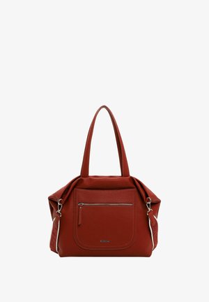 Rode leren handtas met een gestructureerd oppervlak. Beschikt over twee handgrepen, een voorzak met rits en zilveren hardwareaccenten. Gestructureerd ontwerp.