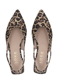 Leopard print pointed-toe flats with cut-out sides, made from soft material, featuring a beige and black color scheme and a smooth texture.