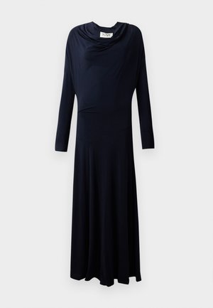 Long-sleeve navy dress with a cowl neckline, flowing design, and smooth fabric, featuring a fitted bodice and flared skirt.