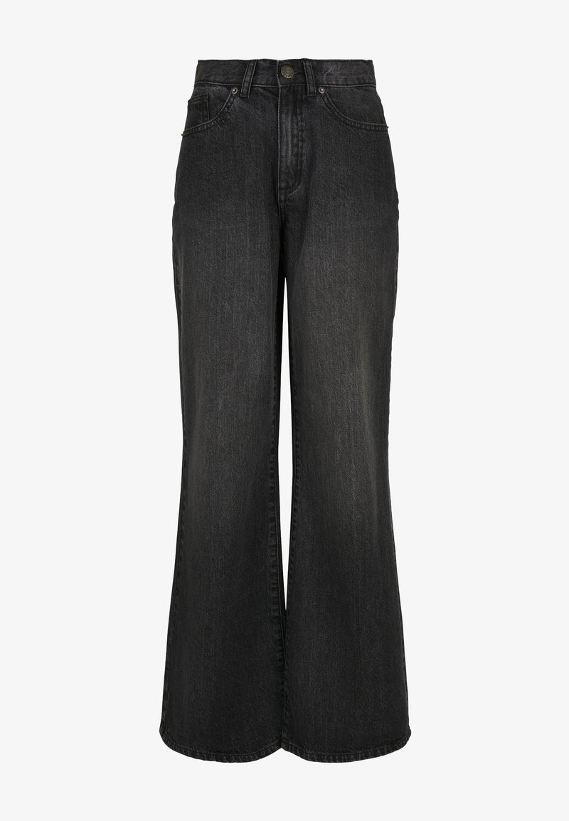 Pantalones vaqueros de mezclilla negros de pierna ancha con una cintura alta, diseño de cinco bolsillos y una textura desgastada. Cuentan con un cierre de botón y cremallera.