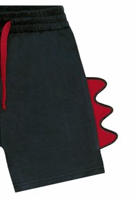Schwarze Shorts mit ropem Kordelzug und einem roten Stoffakzent, der einem Dinosaurierschwanz ähnelt. Aus weichem Material und mit einem schlichten Design gefertigt.
