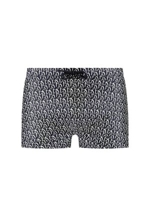 Marinefarbene Schwimmshorts mit einem weißen abstrakten Muster, ausgestattet mit einem Kordelzugbund. Der Stoff hat eine glatte Textur und ein körpernahes Design.