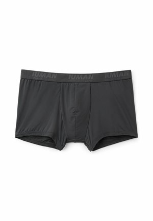Black boxer briefs made of smooth fabric, featuring a comfortable elastic waistband with embossed logo text and a contoured pouch design.