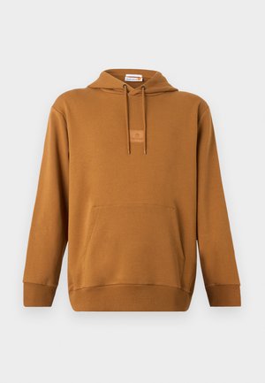 Sudadera con capucha marrón con bolsillo frontal, puños y dobladillo acanalados. Presenta un pequeño parche de cuero con el logo en el pecho. Tejido de mezcla de algodón.