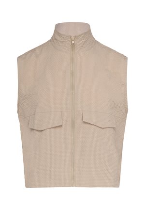 Ärmellose beige Weste mit hohem Kragen, Frontreißverschluss, strukturiertem Stoff und zwei vorderen Klapptaschen.