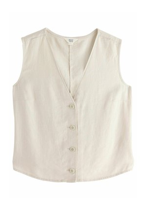 Ærmeløs linned top i lys beige, med V-hals, forreste knapper og sidelommer. Blød tekstur med afslappet pasform.