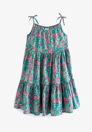 Robe à imprimé floral avec bretelles ajustables, corsage froncé et jupe à volants dans des teintes de teal, rose et bleu. Tissu doux, texture légère.
