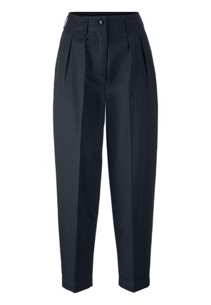Dunkelblaue, hoch geschnittene Hose mit vorderen Falten, Knopfverschluss und schmal zulaufenden Beinen. Aus glattem, robustem Stoff gefertigt.