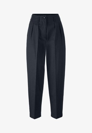 Dunkelblaue, hoch geschnittene Hose mit vorderen Falten, Knopfverschluss und schmal zulaufenden Beinen. Aus glattem, robustem Stoff gefertigt.