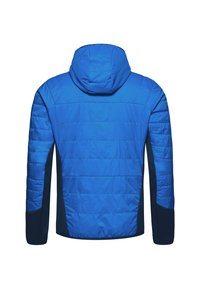 Veste matelassée bleue avec capuche, panneaux latéraux noirs et manches inférieures noires, vue de dos sur un fond blanc.