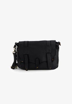 Black leather messenger bag with a textured finish, top flap, and two straps. Features brass hardware and a slightly curved bottom edge.