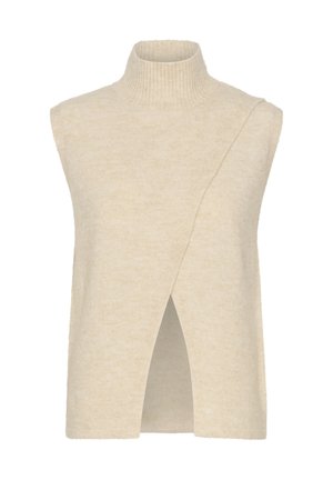 Beige ärmelloses Turtleneck-Oberteil aus weichem, strukturiertem Strick, mit asymmetrischem Design und einem großzügigen Seitenschlitz für Belüftung.