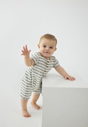 Mono de algodón a rayas en azul suave y blanco, con mangas cortas, tres botones de madera en la parte delantera y un ajuste relajado, sobre un fondo blanco.