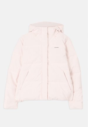 Light pink puffer jacket with a hood, featuring a zippered front, two side pockets, and a subtle logo on the chest. Smooth texture.