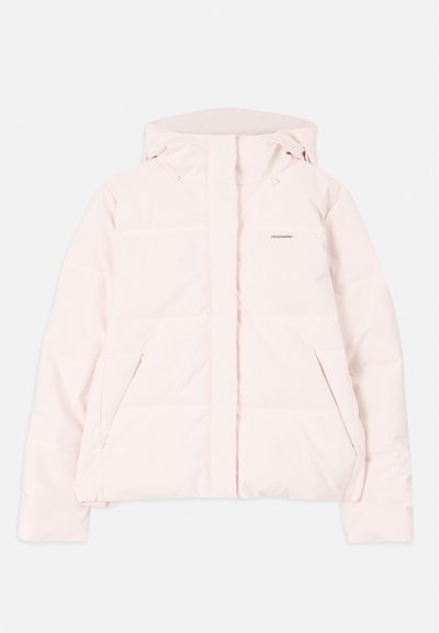 Light pink puffer jacket with a hood, featuring a zippered front, two side pockets, and a subtle logo on the chest. Smooth texture.
