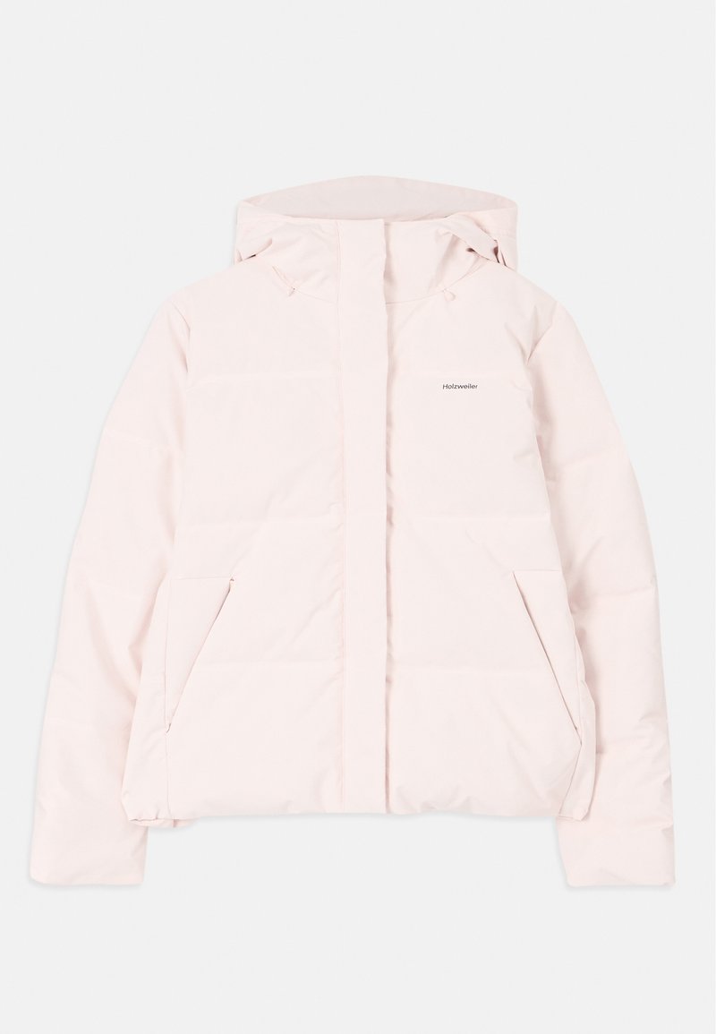 Doudoune rose clair avec capuche, dotée d'une fermeture éclair à l'avant, de deux poches latérales et d'un logo discret sur la poitrine. Texture lisse.