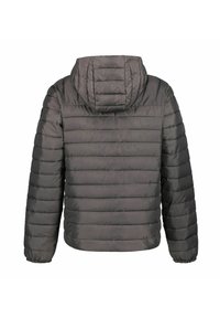 Mørkegrå quiltet puffjakke med hætte, elastiske manchetter og horisontale syninger, vist fra ryggen på en hvid baggrund.