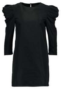Černé šaty s tříčtvrtečními balónovými rukávy, kulatým výstřihem a zadním detailním výřezem. Hladká textura s přiléhavým střihem.