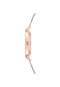 Runde Uhr mit einem Gehäuse aus roségoldfarbenem Metall, silbernem Zifferblatt und gewobenem silberfarbenem Armband. Verfügt an der Seite über eine einfache Krone zur Einstellung.