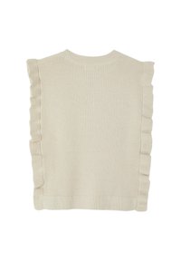 Cremefarbenes, gestricktes ärmelloses Oberteil mit einem gerippten Muster und Rüschenakzenten an den Schultern und Seitennähten.