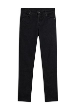 Jeans in denim nero con vestibilità slim, design a cinque tasche, cuciture sottili, chiusura con bottone in metallo e accenti hardware minimali.