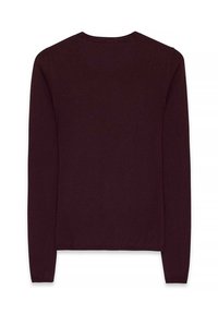 Burgunderfarbener Pullover mit langen Ärmeln, rundem Halsauschnitt und glatter Textur. Verfügt über eine taillierte Passform mit gerippten Ärmelbündchen und Saum.