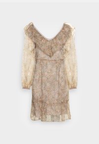 Robe florale transparente avec des manches longues, un décolleté en V profond, des accents volantés et un ourlet à plusieurs couches. Le tissu présente des motifs de fleurs pastel.