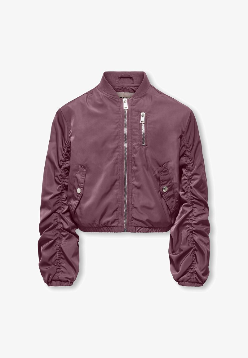 Veste bomber courte de couleur prune, avec poches frontales zippées, manches froncées et col côtelé. Tissu lisse et brillant.
