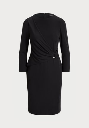 Black dress with long sleeves, featuring a draped design and side knot detail, made from a smooth, stretchy fabric. Back zip closure.