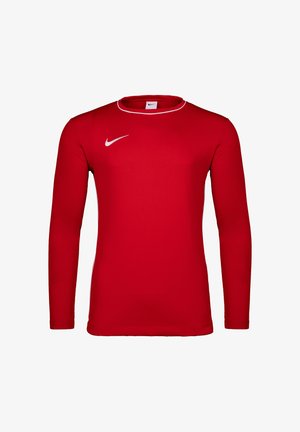 Rotes Langarm-Sportshirt mit weißem Nike-Swoosh-Logo auf der Brust und weißem Paspel am Ausschnitt, dargestellt auf weißem Hintergrund.