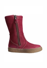 Magenta Ankle-Boot mit einer strukturierten Lederoberfläche, seitlichem Reißverschluss und kontrastierendem Stich. Verfügt über eine Gummisohle mit strukturiertem Finish.