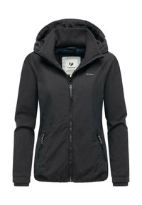 Schwarze leichte Jacke mit Kapuze, Frontreißverschluss, zwei seitlichen Taschen, elastischen Bündchen und weicher Innenfütterung für Komfort.