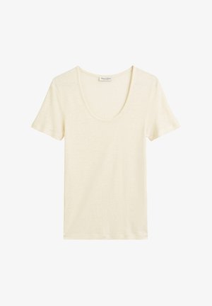 Kurzärmliges T-Shirt mit Rundhalsausschnitt aus leichtem, weichem cremefarbenem Stoff mit leicht strukturierter Oberfläche. Lässiges und vielseitiges Design.