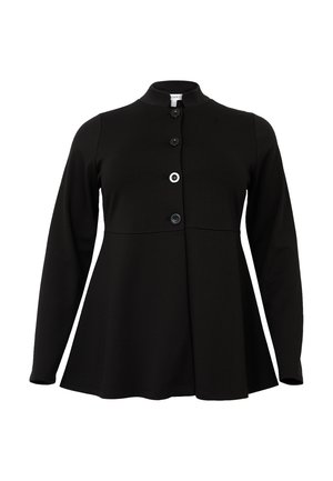 Haut noir à manches longues avec un col haut, présentant un devant à boutons et une silhouette évasée. Fabriqué en tissu doux et texturé.