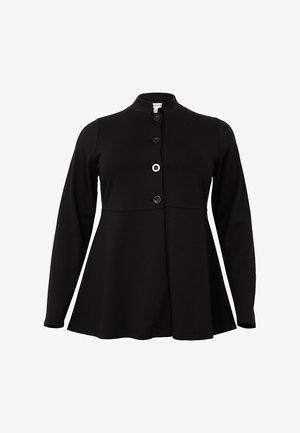 Black long-sleeve top with a high collar, featuring a button-down front and a flared silhouette. Made from a soft, textured fabric.