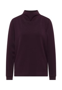 Dunkelviolettes Langarm-Sweatshirt mit Stehkragen und V-förmiger Ziernaht auf der oberen Brust, gerippten Bündchen und Saum.
