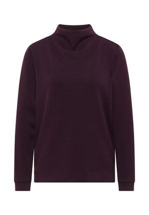 Donkerpaarse lange mouw sweatshirt met col en V-vormige stikdetail op de bovenborst, geribbelde manchetten en boord.