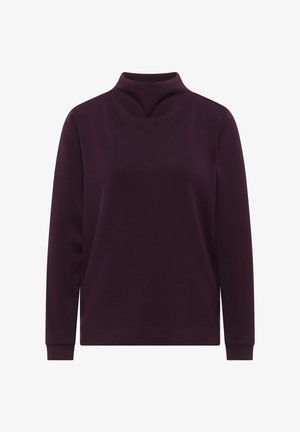 Dunkelviolettes Langarm-Sweatshirt mit Stehkragen und V-förmiger Ziernaht auf der oberen Brust, gerippten Bündchen und Saum.