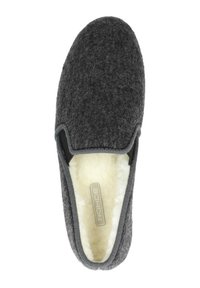 Grijze gevoerde slipper met een zachte witte voering en grijze afwerking. Heeft een ronde neus en een subtiel logo op de binnenzool.