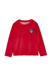 Rotes Langarmshirt aus weichem Stoff mit Rundhalsausschnitt und einem blauen Wappen-Design mit dem Text "POLICE PATROL NY" auf der Brust.